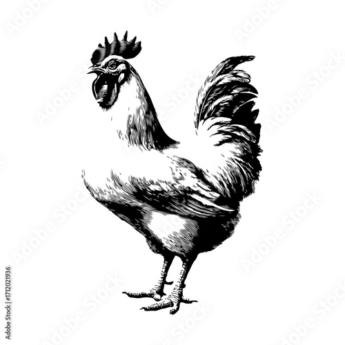 Hand-drawn black and white rooster sketch in detailed engraving style on a white background. Concept of farm animal, rural life or agriculture