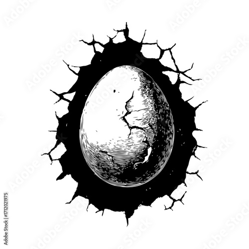 Cracked egg emerging from a shattered wall, dark ink drawing style on white background, symbolizing birth, transformation, or breakthrough