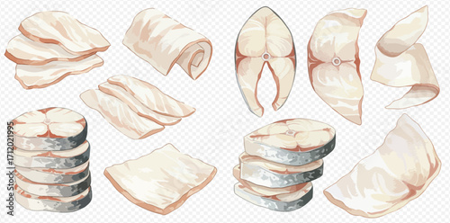 A collection of watercolor illustrations showing various cuts of raw fish, including steaks, fillets, and slices.