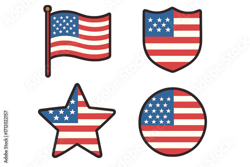 American flag icon set. USA national symbol collection. Patriotic vector illustration. 4th of July Independence Day emblem. Star, shield, circle and flag shape design elements.