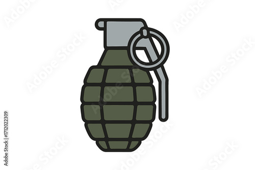 Hand grenade vector icon. Flat cartoon illustration of a military fragmentation bomb. Army weapon symbol for war, combat, or danger. Isolated explosive graphic element.