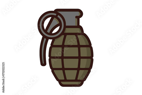 Hand grenade vector icon. Military weapon symbol for war and combat situations. Army explosive bomb illustration. Flat cartoon graphic for concepts of danger, terrorism, or conflict.