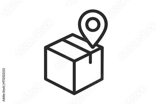 Package location icon. Delivery tracking symbol. Shipping destination, order tracking, logistics. Parcel delivery. Map pin on box. Geolocation pointer. Minimalist line art.