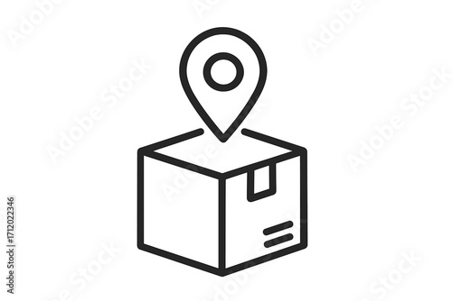 Package tracking location icon. Map pin on a cardboard box. Order delivery destination symbol. Shipping address and logistics management. GPS navigation for parcel service.
