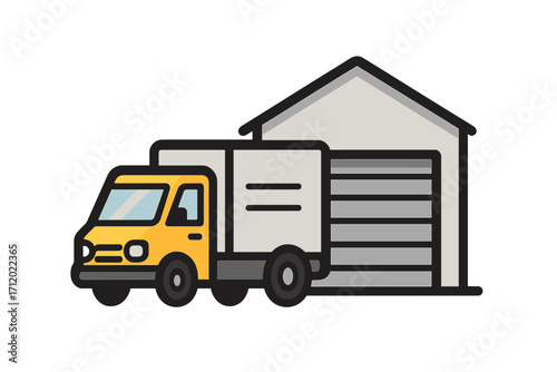 Delivery truck at warehouse icon. Logistics, shipping, freight transport concept. Cargo van at storage or distribution center. Vector illustration for supply chain business.