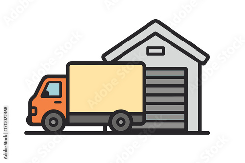 Delivery truck at warehouse depot. Logistics, freight, and shipping service concept. Cargo transport van for moving and storage. Commercial vehicle for distribution icon.