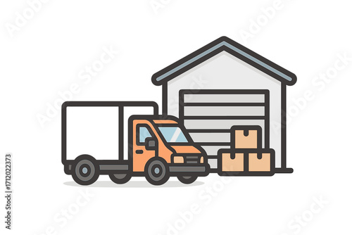 Warehouse logistics and freight transport icon. Delivery truck with packages at storage depot. Supply chain management, distribution center vector. E-commerce shipping.