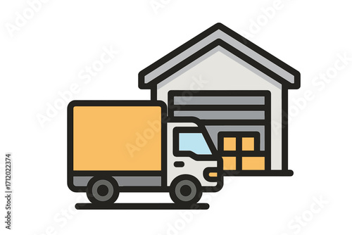 Logistics and delivery service icon. Truck loading cargo at warehouse depot. Vector for shipping, freight transport, and e-commerce supply chain management. Distribution.