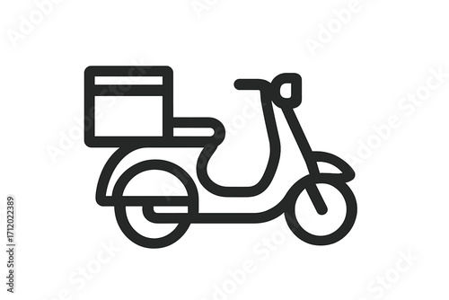 Delivery scooter icon. Moped with box for fast food or package shipping. Express courier service symbol. Motorcycle delivery linear pictogram for web and apps. Vector.