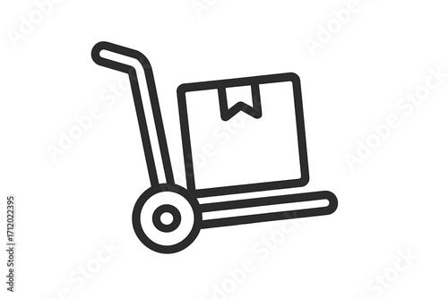 Hand truck with box icon. Delivery, logistics and shipping concept. Dolly with package for moving service. Warehouse, cargo and freight symbol. Vector outline illustration.