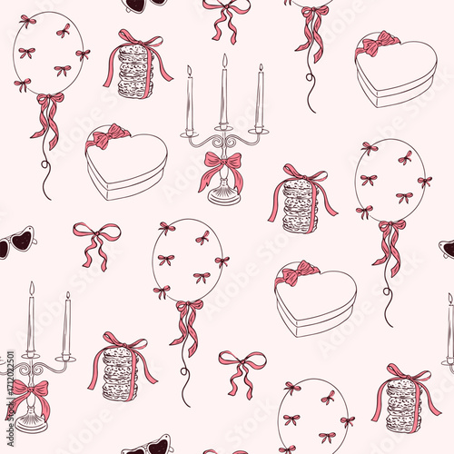 Hand drawn whimsical coquette seamless pattern. Vintage background with bow, candle, gift, balloon and cake for wedding invitation, valentine day. Vector romantic wallpaper, wrapping paper, textile
