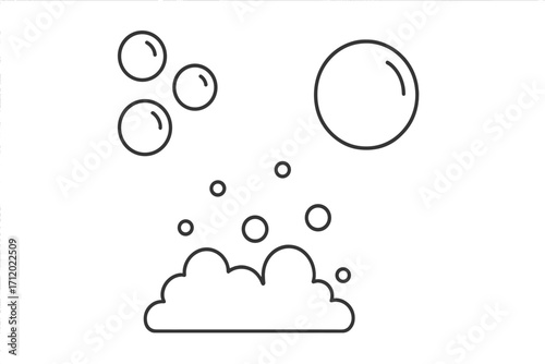 Bubble and foam simple thin line vector illustration set. Cartoon soap suds, fizzy pop, and clean water air bubbles. Washing, hygiene, and bath concept icon collection.