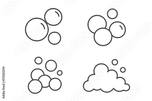 Bubble and foam thin line icon set. Soap suds vector cartoon illustration. Simple outline symbols for cleaning, washing, water, shampoo, bath, and fizzy drinks.