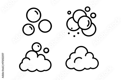 Bubble and foam outline icon set. Soap suds, fizzy pop, carbonated drink bubbles. Line art vector for cleaning, hygiene concepts. Clean wash laundry detergent symbol.