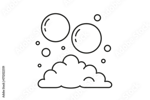 Soap bubbles and foam simple line art illustration. Vector icon for cleaning, washing, and hygiene concepts. Fizzy water, suds, and bubbly lather on transparent background.