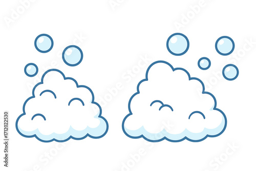 Vector set of cartoon soap foam with bubbles. Suds, lather, and water splash illustration. Symbol for cleaning, washing, bath, or laundry. Clean and fresh graphic element.