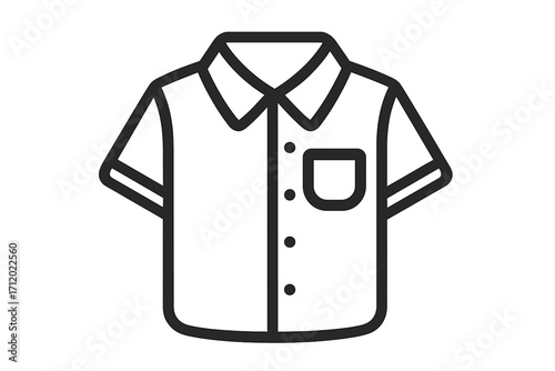 Short sleeve shirt icon. Line art vector of casual button-up apparel with a collar and pocket. Simple clothing symbol for fashion design, summer wear, or work uniform element.