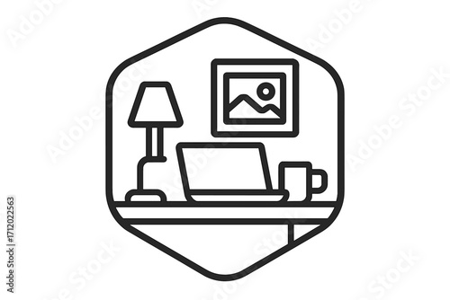 Workspace line icon vector. Home office symbol. Remote work, freelance job concept. Desk with laptop computer, lamp, coffee mug. Modern workplace interior vector illustration.