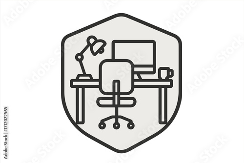 Modern workspace linear icon. Home office concept with computer on a desk, chair, and lamp. Vector illustration symbol for remote work, freelance life, business workplace.