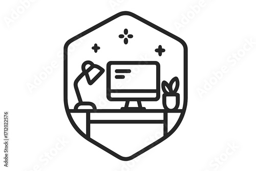 Home office workspace icon. Modern line art illustration of a desk with computer monitor, lamp and plant. Clean vector badge symbol for remote work, freelance, business, or study.