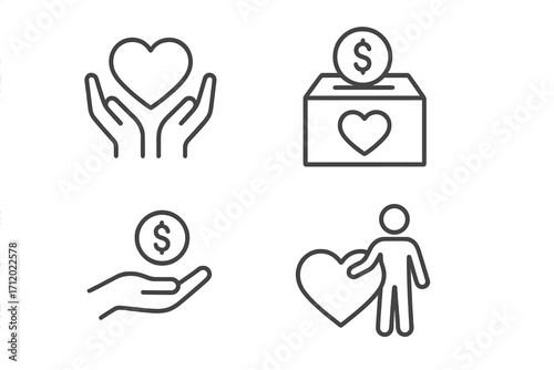Charity and donation icon set. Volunteer, help and fundraising concept. Giving money for love. Philanthropy and social support pictogram. Outline vector linear symbols.