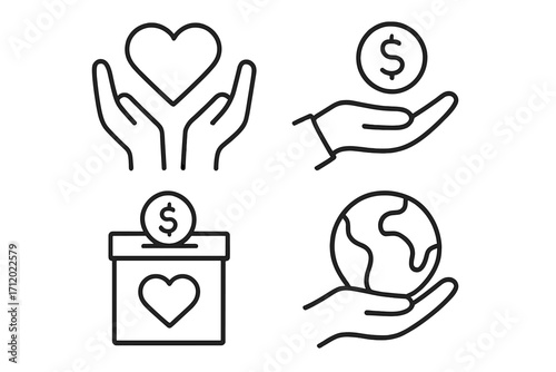 Donation and charity icon set. Vector linear symbols for giving money, care, and love. Fundraising and volunteer concept. Support illustration with heart, dollar, and globe.