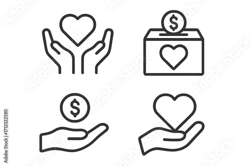 Donation and charity icon set. Vector line art symbols of philanthropy, fundraising, and support. Includes heart in hands, money box, giving concepts. Volunteer help icons.