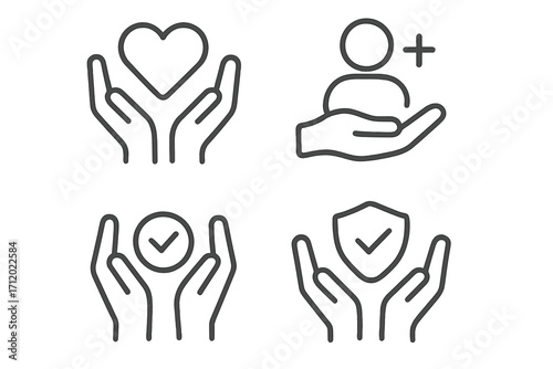 Care and protection vector icon set. Thin line symbols for insurance, charity, quality, and support. Hands holding heart, shield, check mark. New user and customer care.
