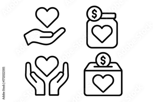 Charity and donation icon set. Linear symbols for care, help, and support. Vector collection includes hand holding heart, money box, and contribution jar. Fundraising concept.
