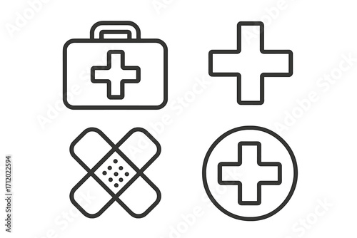 Medical icon set. First aid kit, cross, and bandage linear symbols. Healthcare, emergency, and medicine outline icons. Vector graphic for hospital or pharmacy.