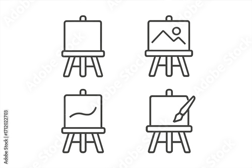 Art easel and canvas linear icon set. Artist tools for painting and drawing. Fine arts, creativity, workshop, gallery symbol. Vector illustration of studio equipment pictograms.