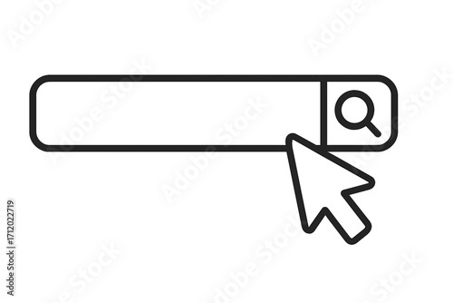 Search bar vector line icon. Cursor arrow pointer clicking on internet browser search box with magnifying glass. Website UI UX element for finding data or query online.