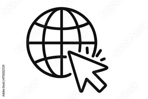 Internet web browser icon with click cursor. Globe symbol for website URL link. Online worldwide network connection concept. Go to web page vector linear illustration art.