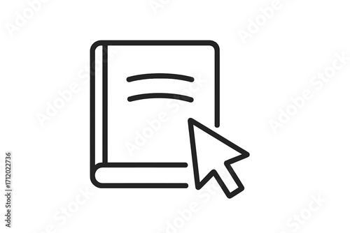 E-learning line icon with cursor on book. Online education, digital library concept. Ebook, knowledge base, tutorial symbol. Vector for training course, web guide, manual.