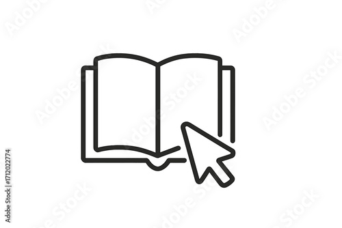 E-learning concept icon with book and cursor arrow. Online education symbol. Digital library, distance learning, web training, online courses, tutorial, knowledge access.