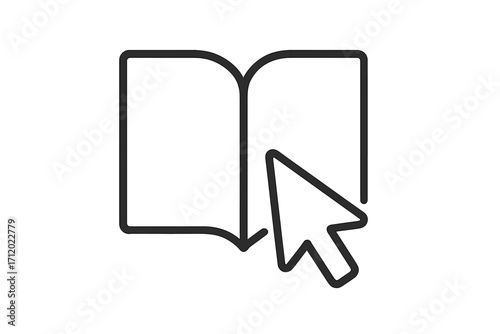 E-learning and online education concept. Mouse cursor clicking open book icon. Digital library, online course, tutorial, and knowledge base. Thin line vector illustration.