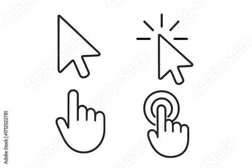 Cursor and hand pointer icon set. Click, tap, press, select symbol collection. Linear outline vector signs for web design, UI, UX, app interface and graphic design.