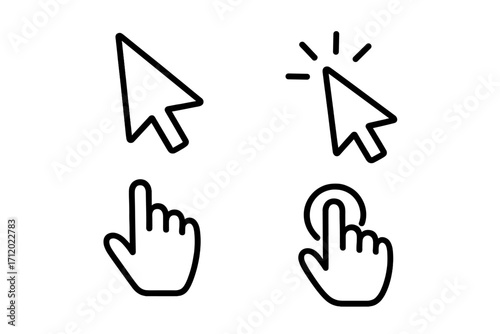 Cursor icon set. Hand pointer, arrow click. Computer mouse symbol collection. Web graphic design element. Vector line illustration for UI, UX, website, app, button, tap, press.