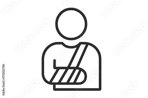 Broken arm icon. Injured person in a cast and sling. Patient with fracture, bone injury, or physical trauma. Medical, healthcare, or accident concept. Minimalist outline vector.