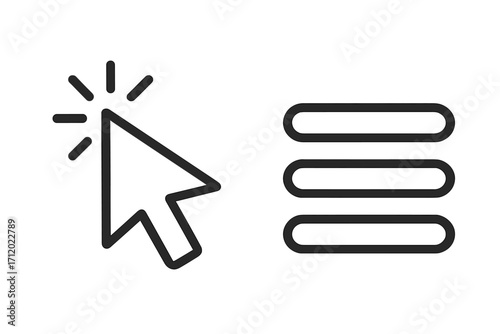 Cursor click on menu list icon. Web pointer selecting options. Hamburger button for navigation bar. UI UX design element. Vector line art for website and app interface.