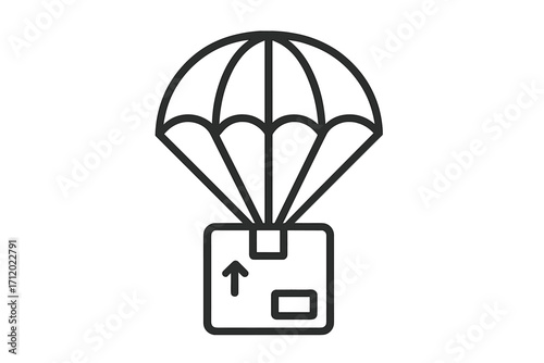 Parachute with box icon. Airdrop delivery concept for logistics and shipping. Fast air mail service symbol. E-commerce order, humanitarian aid, supply drop vector illustration.
