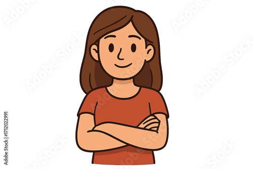Confident smiling woman with arms folded. Young happy female character portrait. Isolated flat cartoon vector illustration. Avatar symbol for web, apps, books, business.