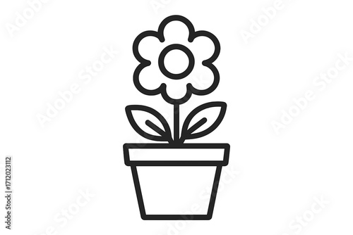 Flower in a pot icon for nature and gardening concepts. Simple line art of a houseplant. Vector illustration of a blooming plant for eco design and growth concepts.