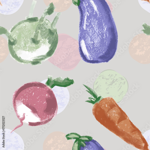 Seamless pattern pastel vegetables and circles.Hand draw with texture. Sketch, Artistik  and original. Eggplant, radish, carrot, kohlrabi. Vector, isolated