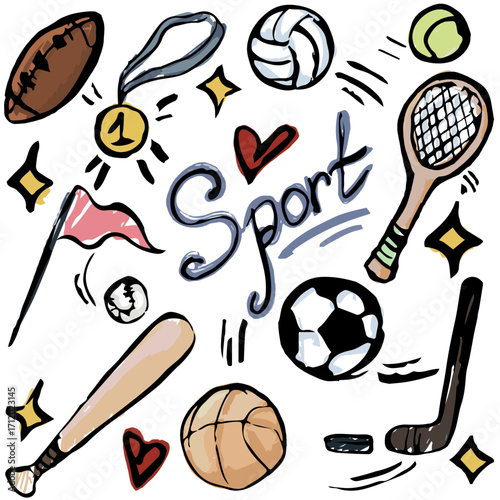 Sport elements hand draw. Doodle marker texture. Balls, football, hockey, tennis racket, basketball, medal, flag and handwritten “sport”.