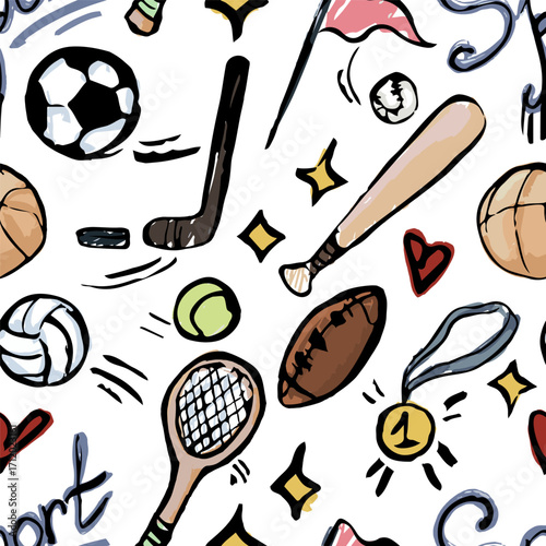 Pattern with sport elements on a white background. Doodle Hand draw marker texture. Balls, football, hockey, tennis racket, basketball, medal, flag and handwritten “sport”