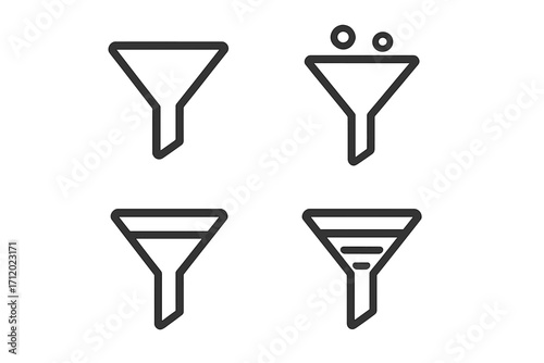 Funnel icon set for sales and marketing. Lead generation, data filtering, and conversion rate optimization concepts. Minimalist outline vector icons for web, apps, and UI design.
