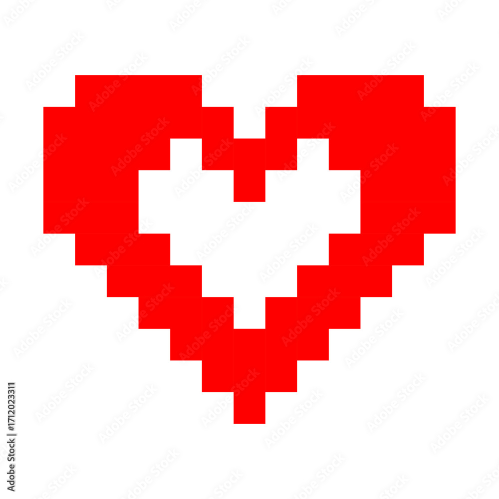 Obraz premium Pixel art hollow red heart with inner white shape, digital retro design symbolizing affection, romance, gaming nostalgia, and Valentine's Day celebration