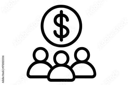Team payment icon. Group of people with dollar symbol. Employee salary, wages, and financial investment. Crowdfunding and fundraising concept. Business and finance vector.