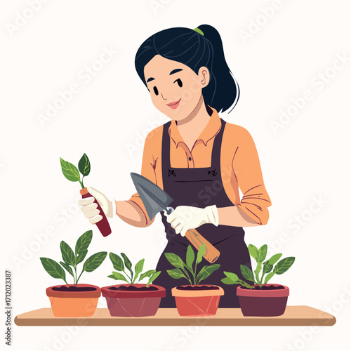 Young woman happily tending to potted plants, using gardening tools.